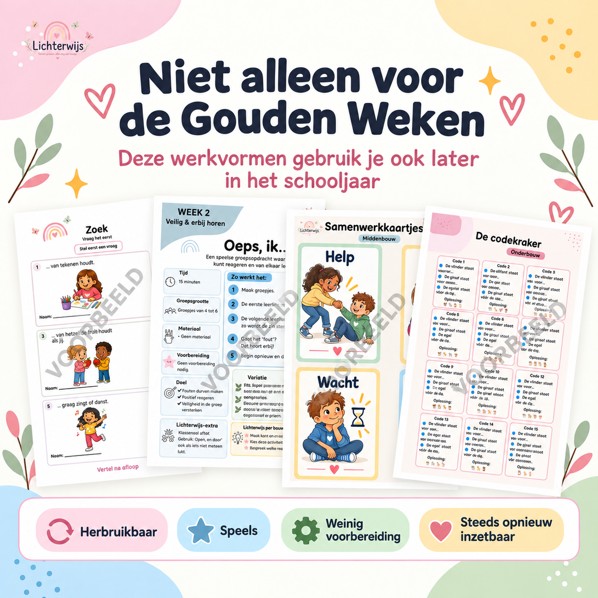 Gouden Weken werkvormen van Lichterwijs voor groepsvorming in de basisschool, geschikt voor onderbouw, middenbouw en bovenbouw.