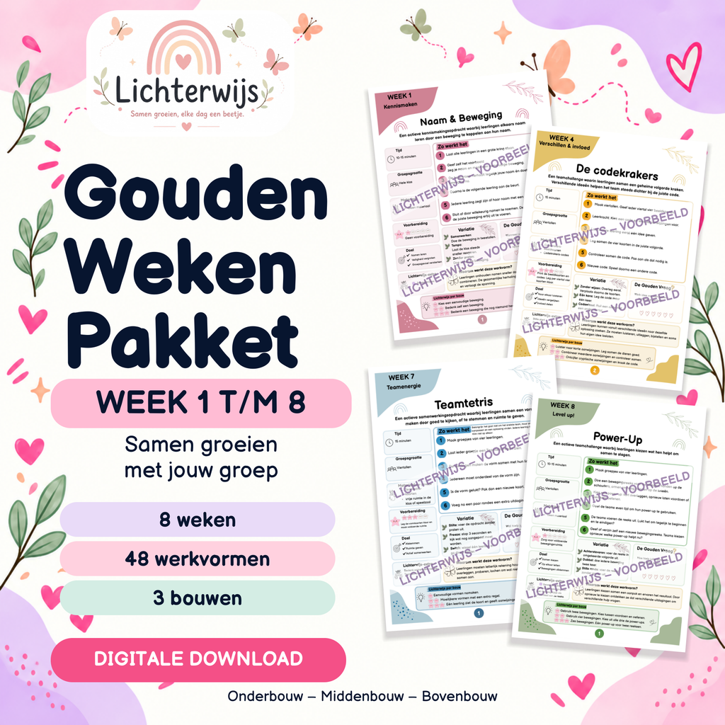 Lichterwijs Gouden Weken pakket voor week 1 tot en met 8, met 48 werkvormen voor onderbouw, middenbouw en bovenbouw.