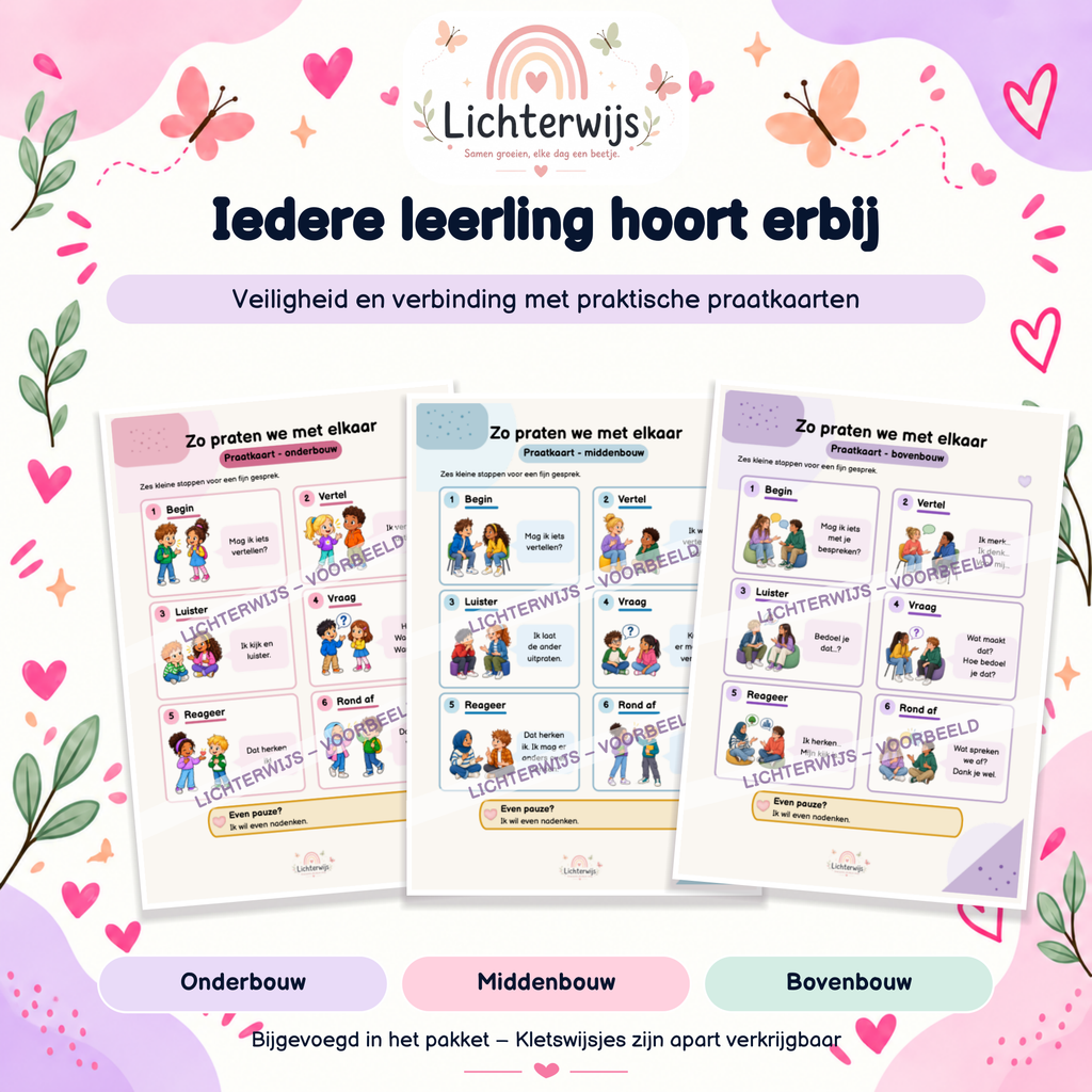 Praatkaarten voor onderbouw, middenbouw en bovenbouw met zes stappen voor een fijn gesprek.