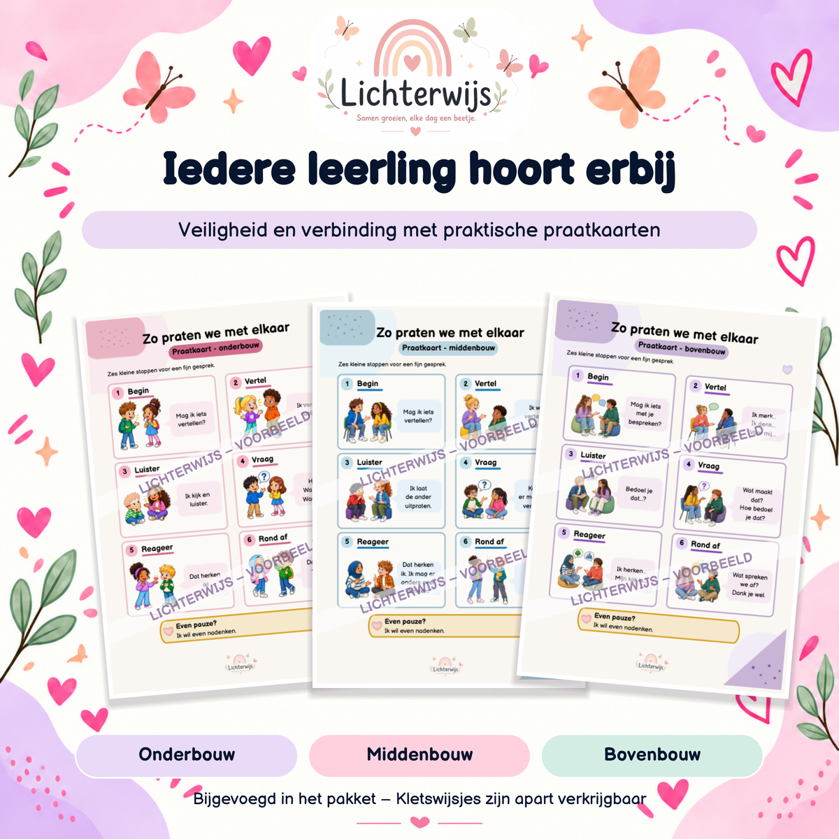 Praatkaarten voor onderbouw, middenbouw en bovenbouw met zes stappen voor een fijn gesprek.