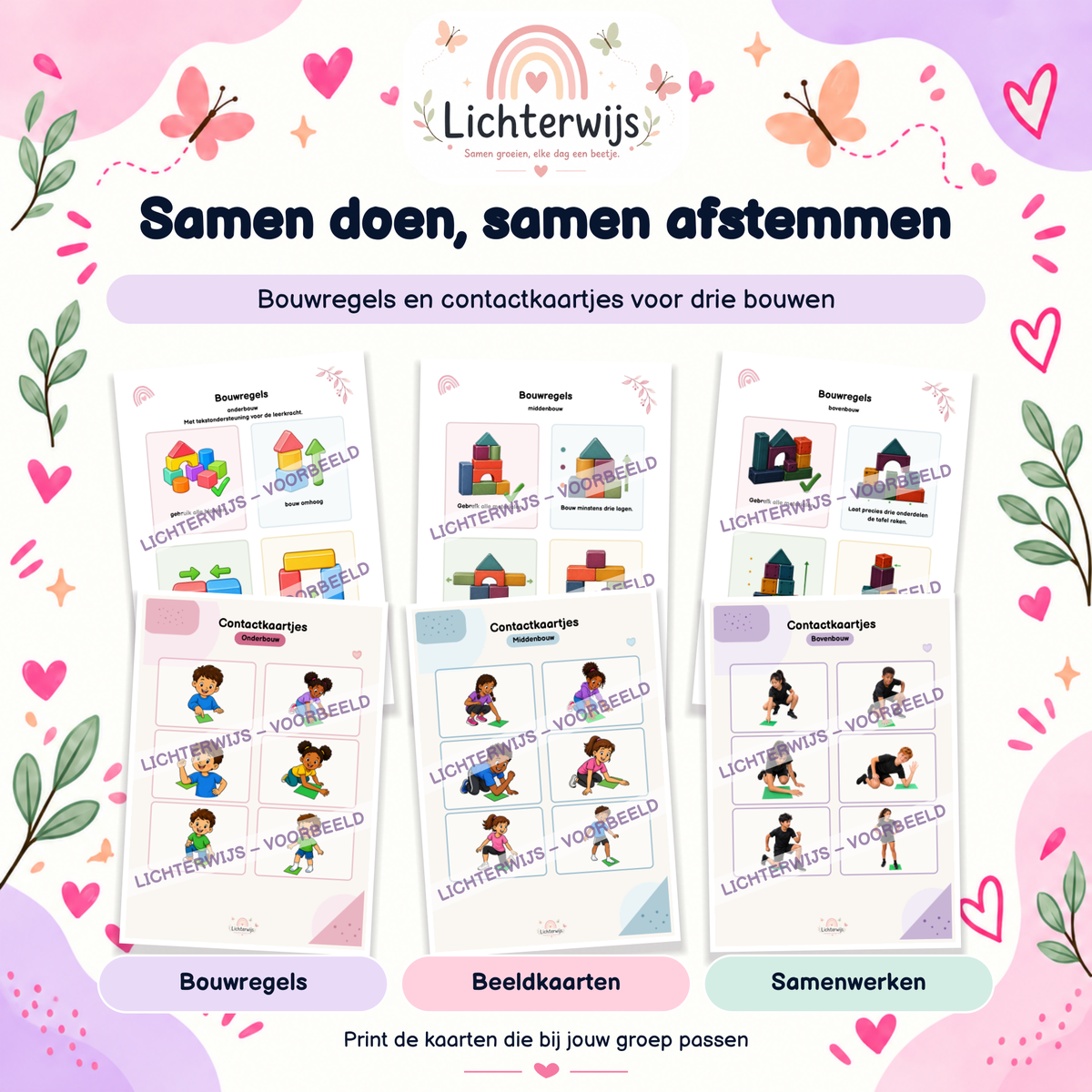 Bouwregels en contactkaartjes voor samenwerkingsopdrachten in onderbouw, middenbouw en bovenbouw.