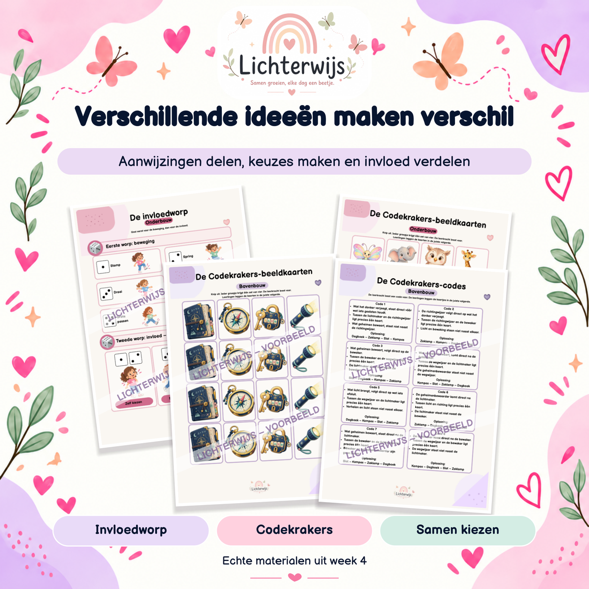 Invloedworpkaarten, Codekrakers-beeldkaarten en aanwijzingen uit week 4 van het Gouden Weken pakket.