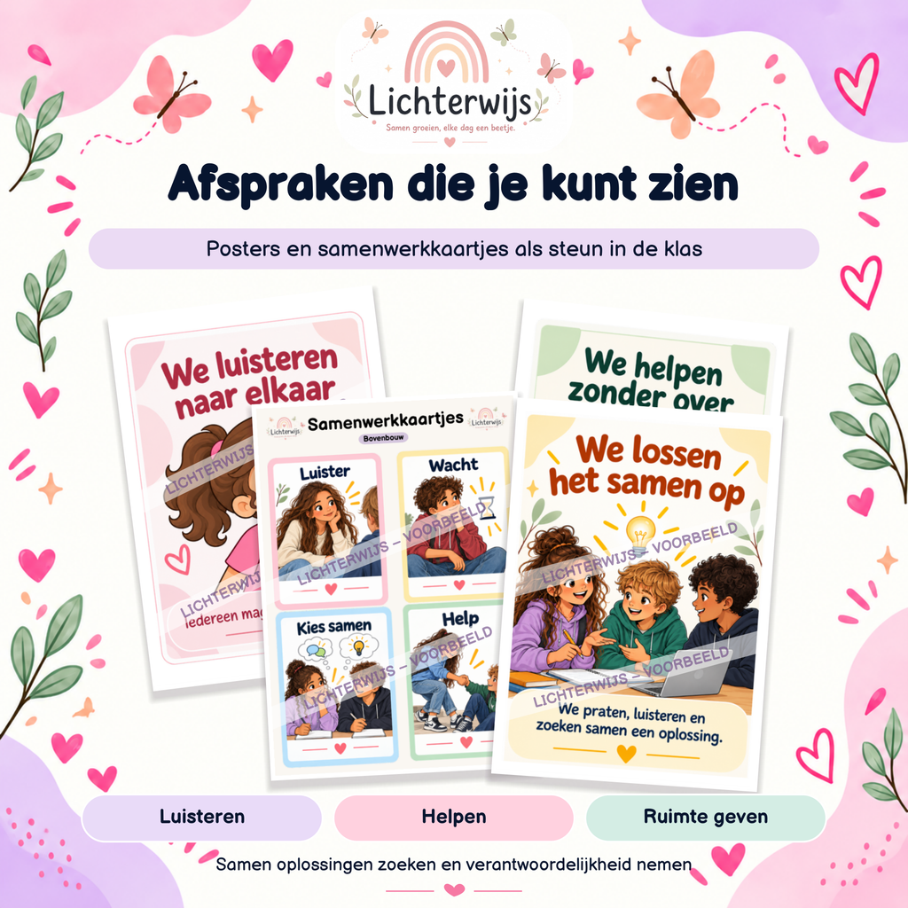 Lichterwijs afsprakenposters en samenwerkkaartjes over luisteren, helpen en samen oplossingen zoeken.