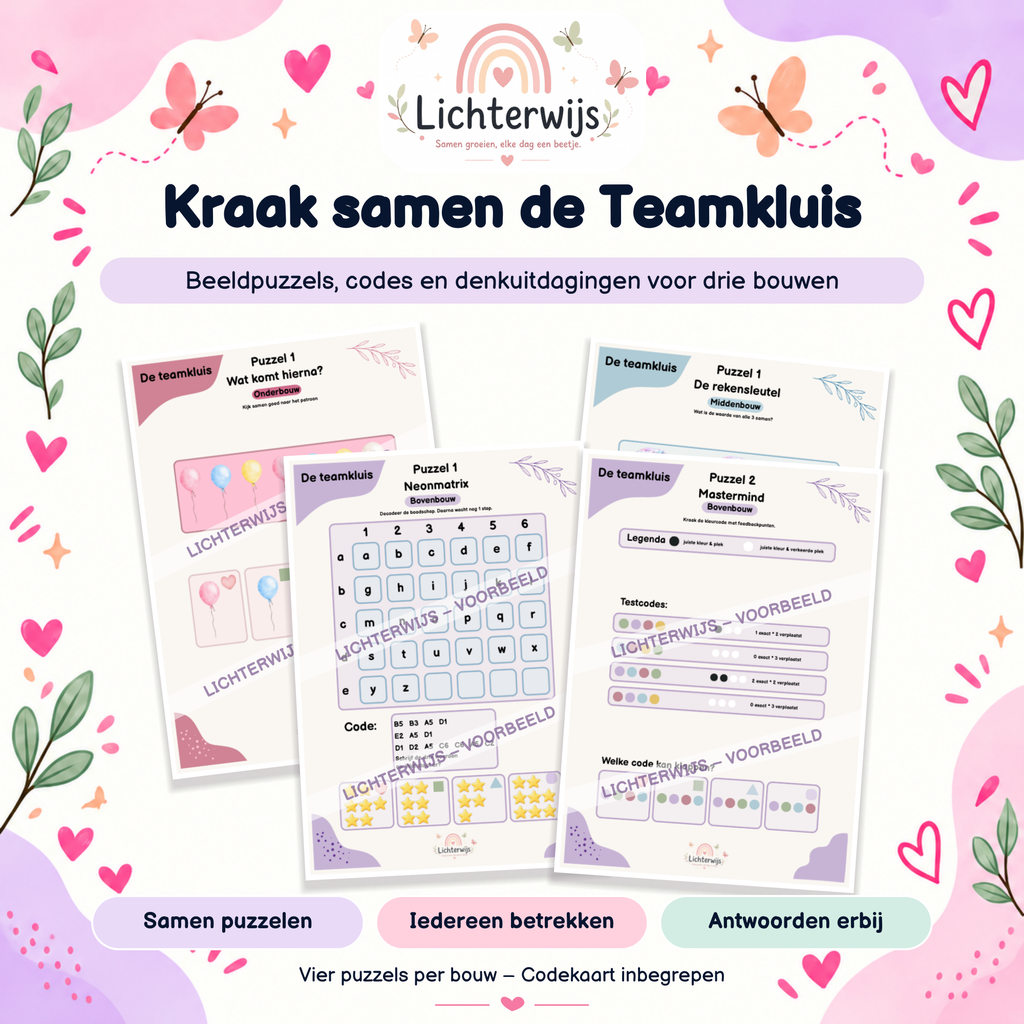 Voorbeelden van Teamkluis-puzzels voor drie bouwen, met beeldpatronen, rekenen, lettercodes en Mastermind.