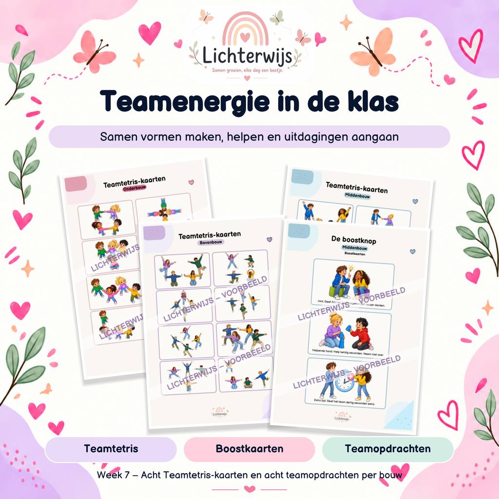 Teamtetris-kaarten voor drie bouwen en boostkaarten voor actieve samenwerkingsopdrachten in week 7.