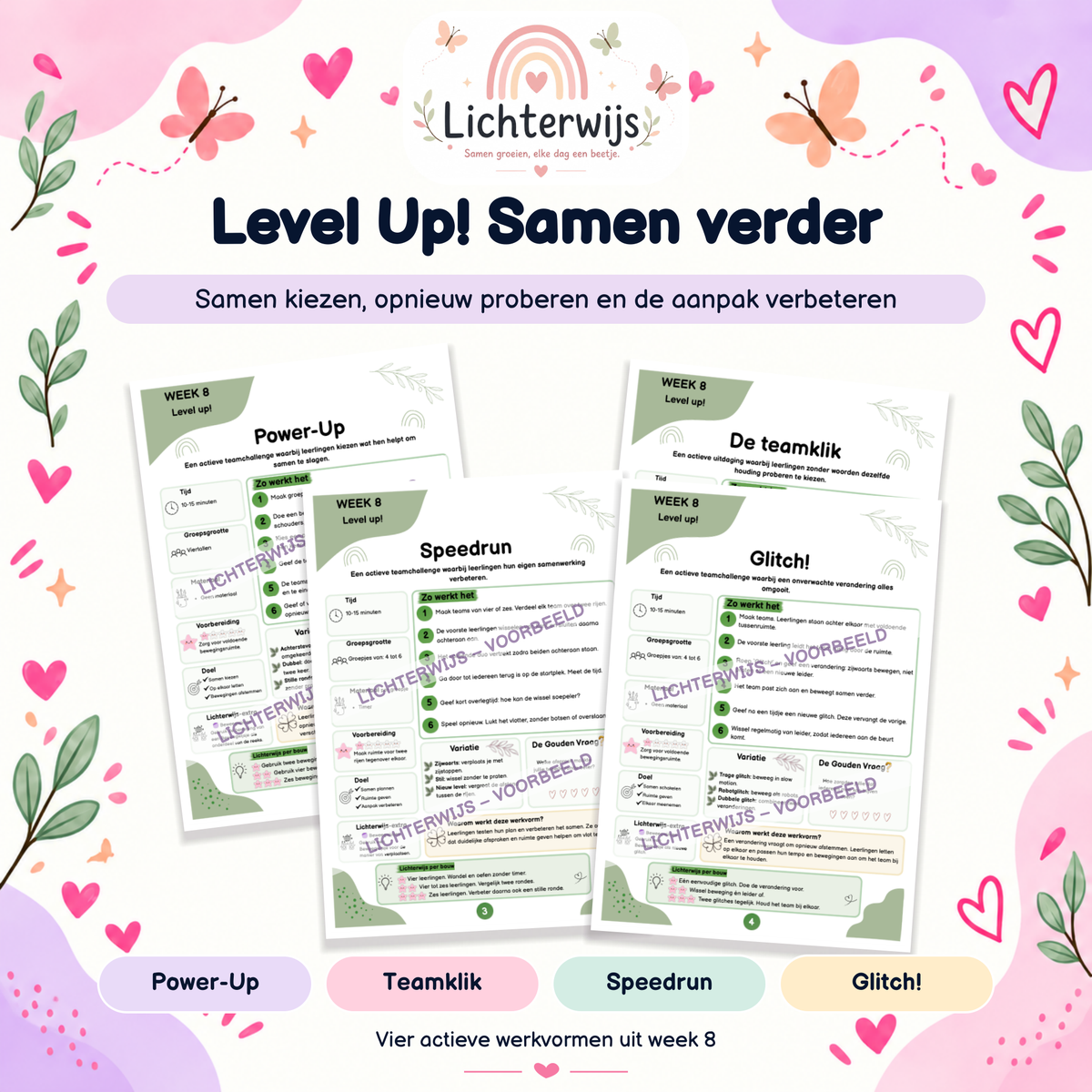 Opdrachtpagina’s Power-Up, De teamklik, Speedrun en Glitch uit week 8 van het Gouden Weken pakket.