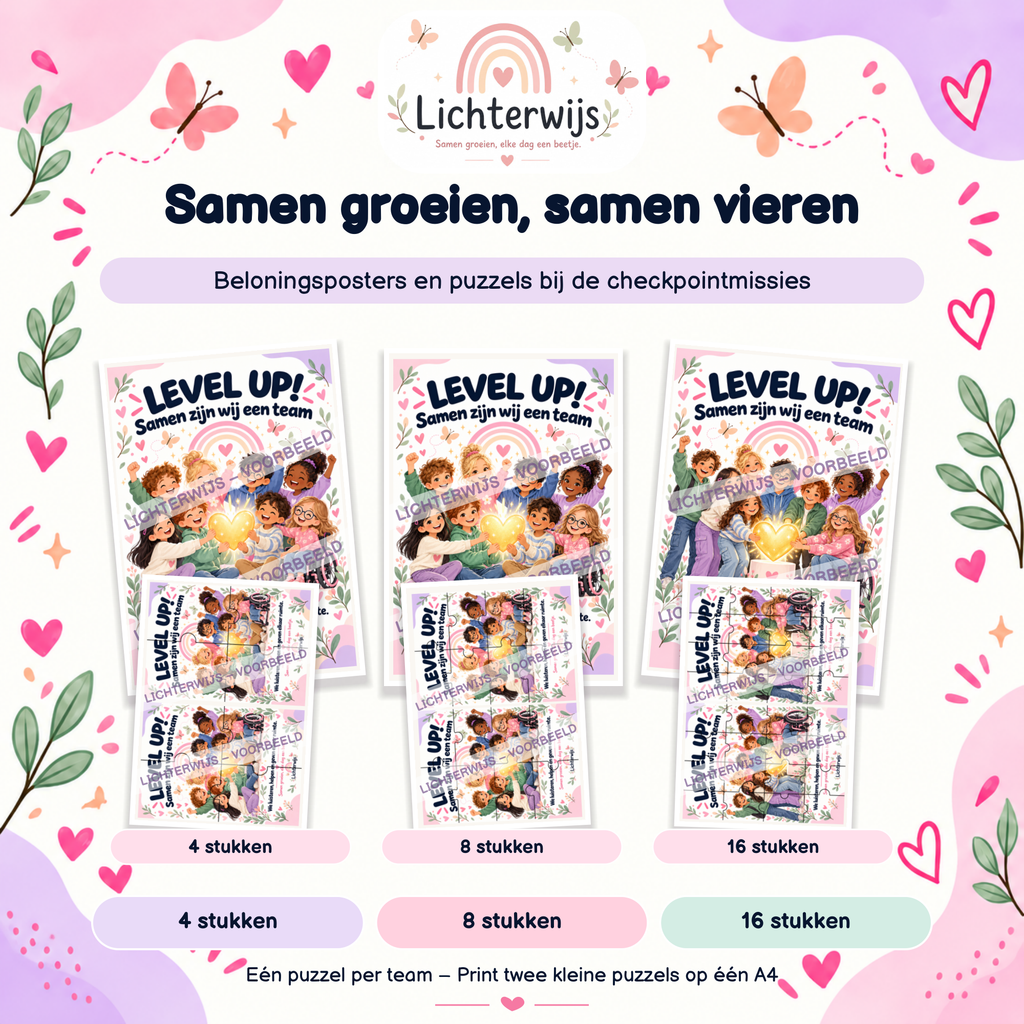 Level Up-beloningsposter en bijbehorende puzzels van 4, 8 en 16 stukken voor de checkpointmissies.