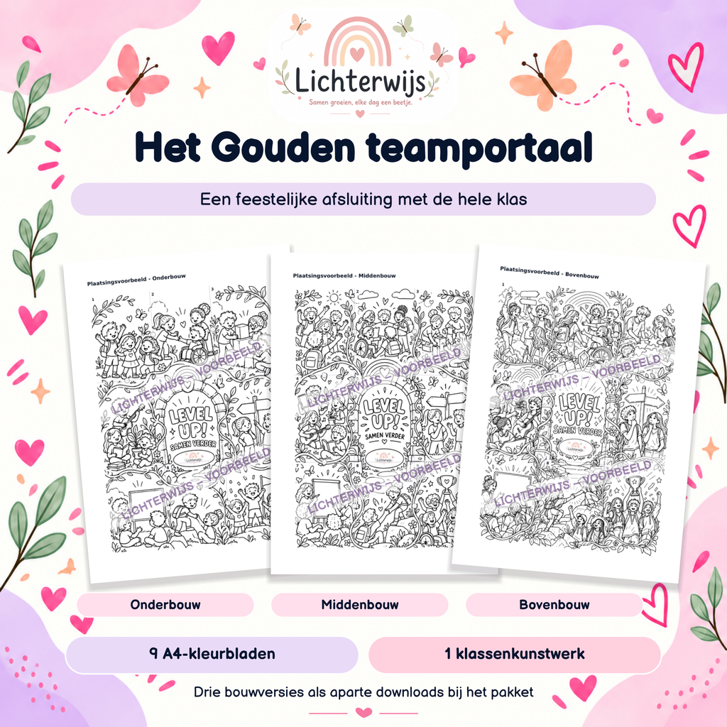 Drie bouwversies van het Gouden teamportaal, een gezamenlijk klassenkunstwerk van negen aansluitende A4-kleurbladen.
