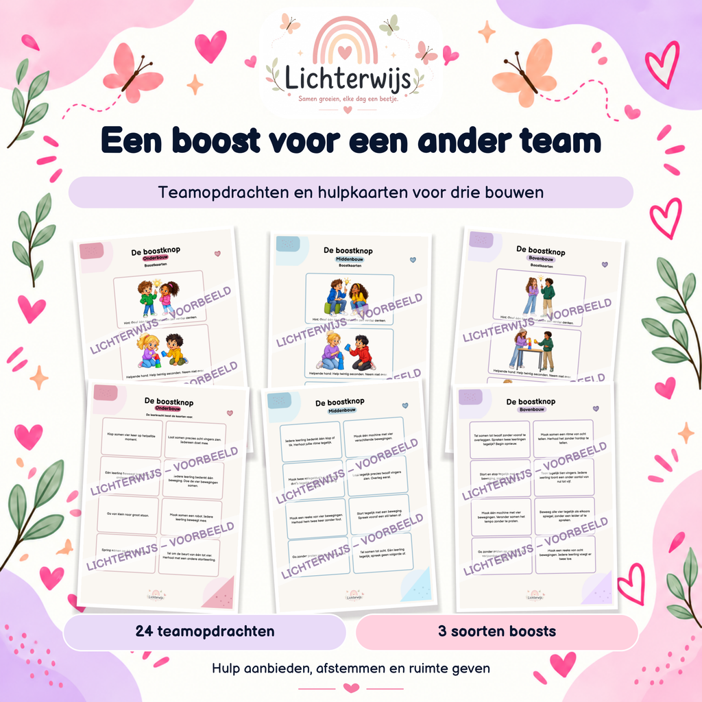Boostkaarten en 24 teamopdrachten voor drie bouwen, waarmee leerlingen oefenen met hulp aanbieden aan andere teams.