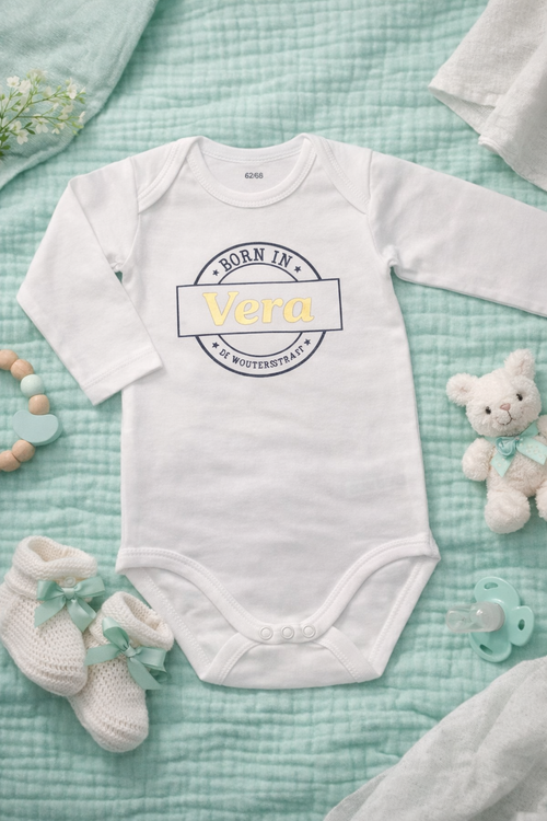 Baby Romper gepersonaliseerd met Made in, naam en plek of jaar gemaakt door Bicreatief