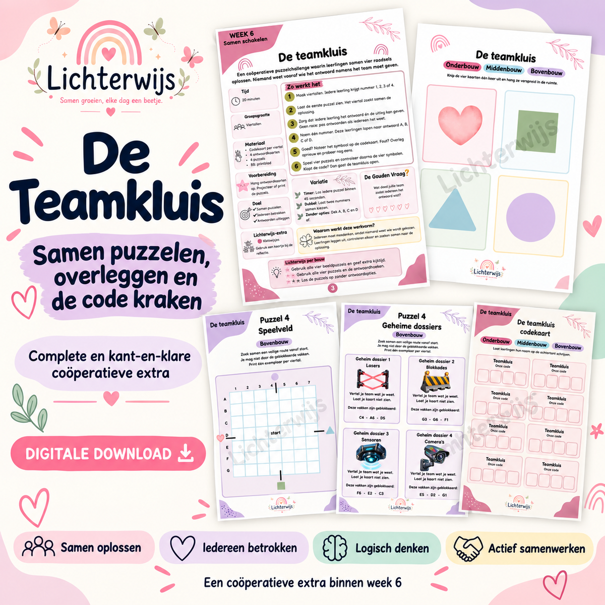 De Teamkluis uit Gouden Weken Week 6 met coöperatieve puzzels, antwoordkaarten en codekaarten voor onderbouw, middenbouw en bovenbouw.
