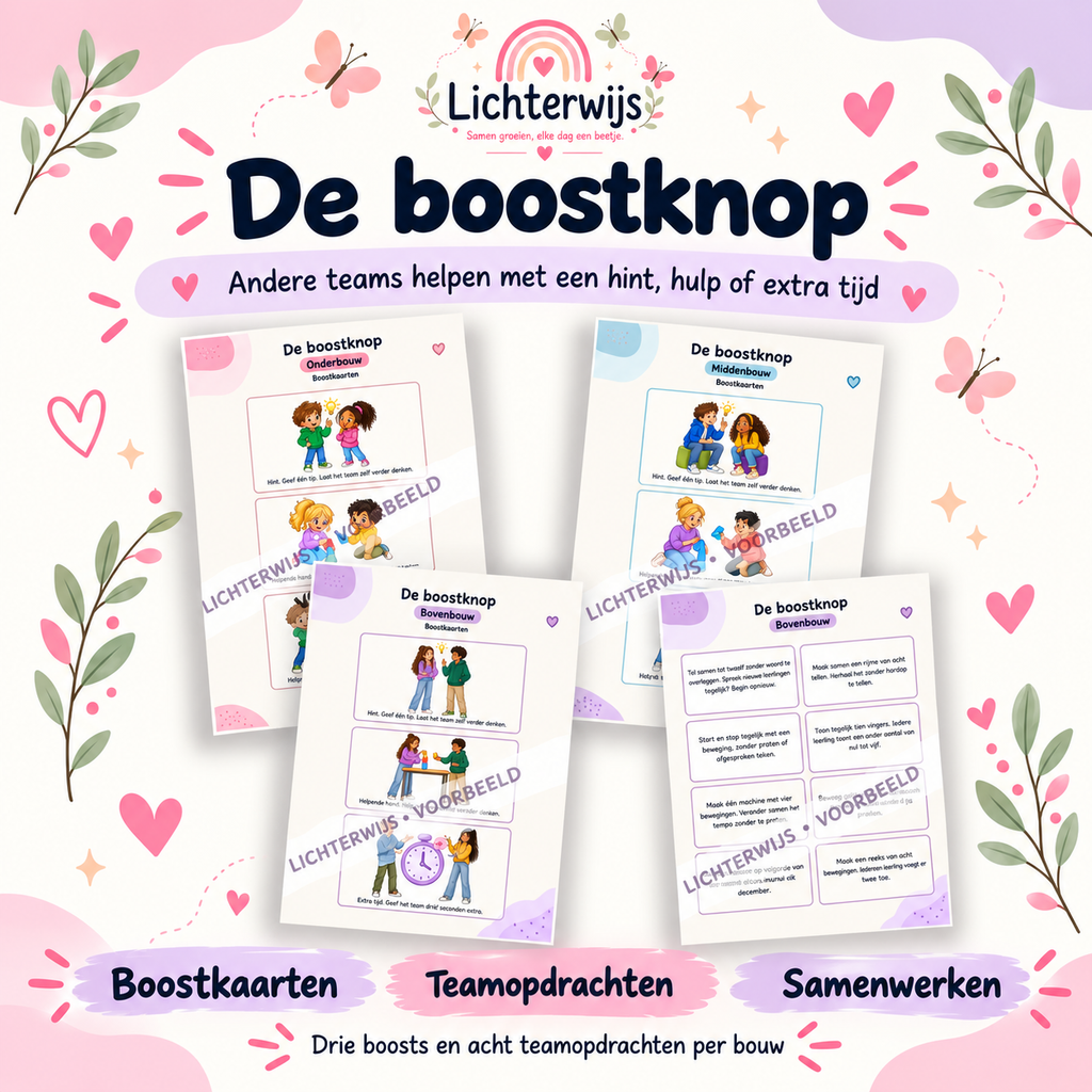 Boostkaarten voor drie bouwen en teamopdrachten voor de bovenbouw, waarmee leerlingen elkaar helpen tijdens samenwerkingsopdrachten.