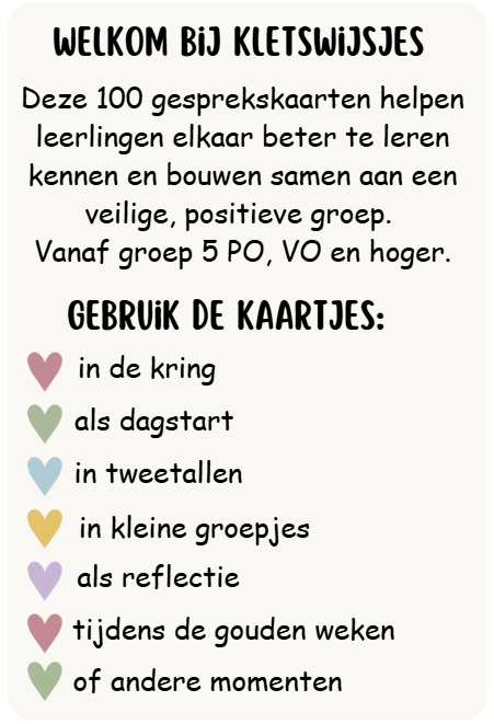 Gesprekskaarten 100 Kletswijsjes Gesprekskaarten voor de Gouden Weken Groep 5 t/m VO Direct Download