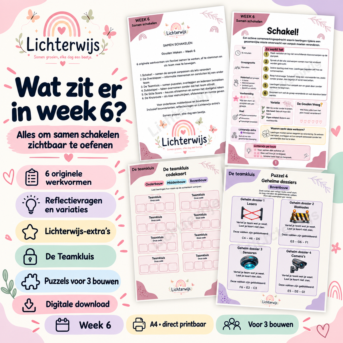 Overzicht van Gouden Weken Week 6 met zes werkvormen voor flexibel samenwerken, reflectie, Teamkluis en puzzels voor drie bouwen in het basisonderwijs.