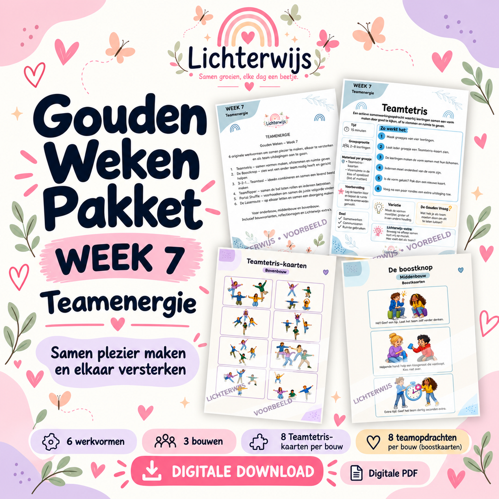 Lichterwijs week 7 met voorbeelden van het weekoverzicht, Teamtetris, vormkaarten en boostkaarten voor samenwerkingsactiviteiten.