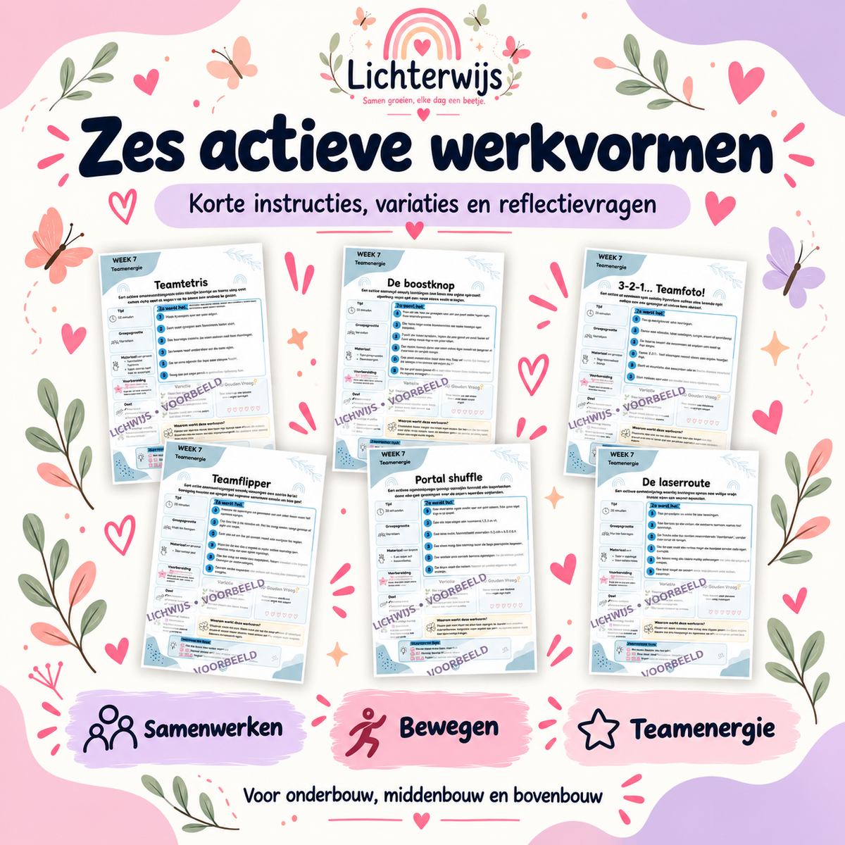 Voorbeeldpagina’s van Teamtetris, De boostknop, Teamfoto, Teamflipper, Portal shuffle en De laserroute.