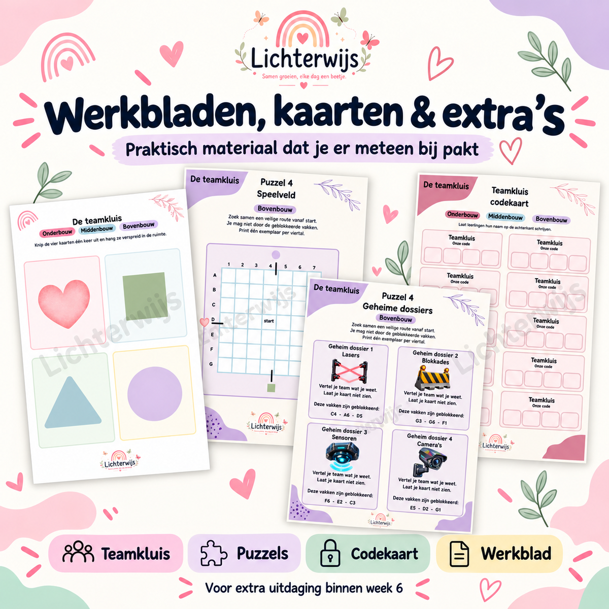 Printbare materialen uit Gouden Weken Week 6 van Lichterwijs met Teamkluis antwoordkaarten, puzzels, speelveld, geheime dossiers en codekaarten.