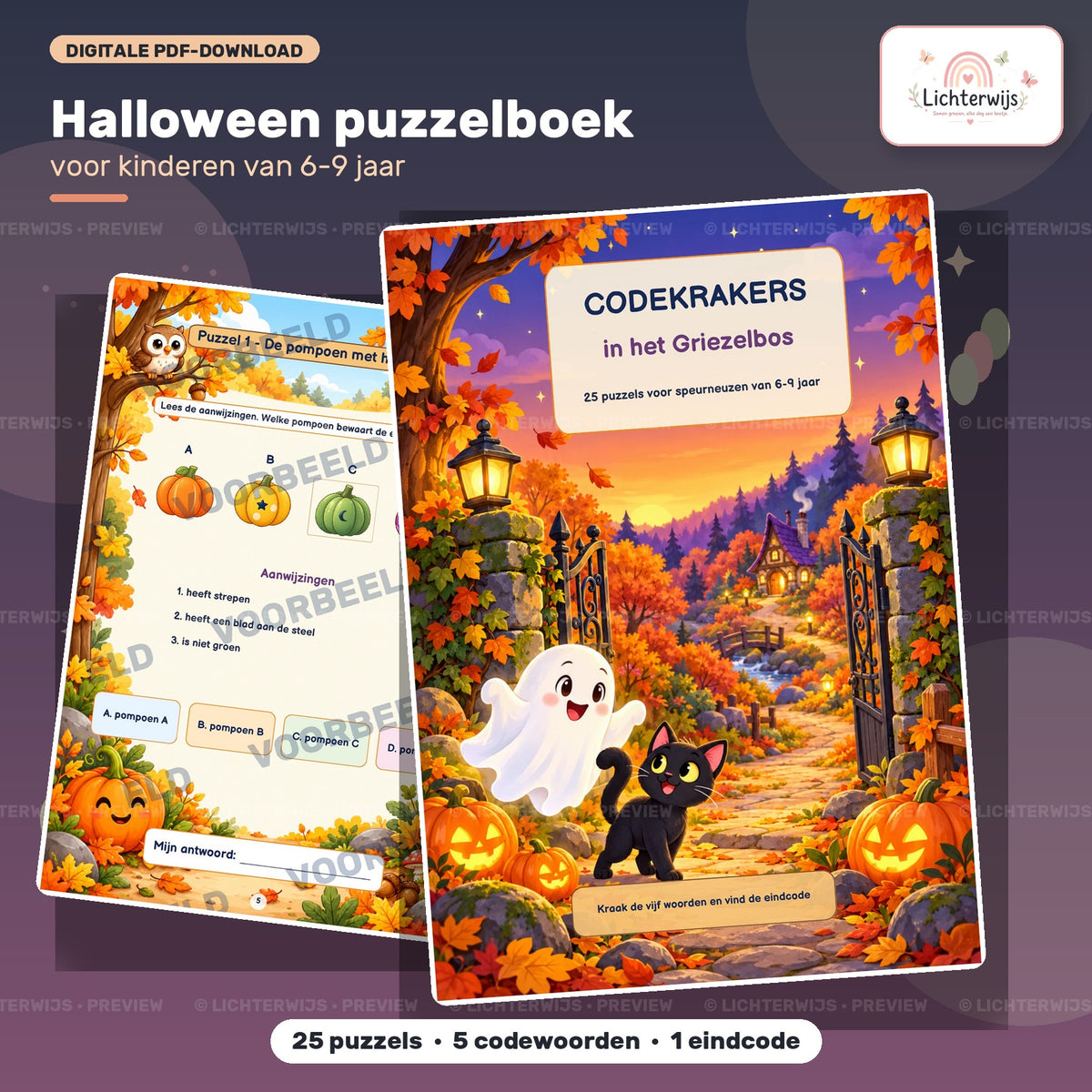 Halloween puzzelboek voor kinderen van 6-9 jaar met kleurrijke voorpagina en voorbeeldpuzzel van Lichterwijs