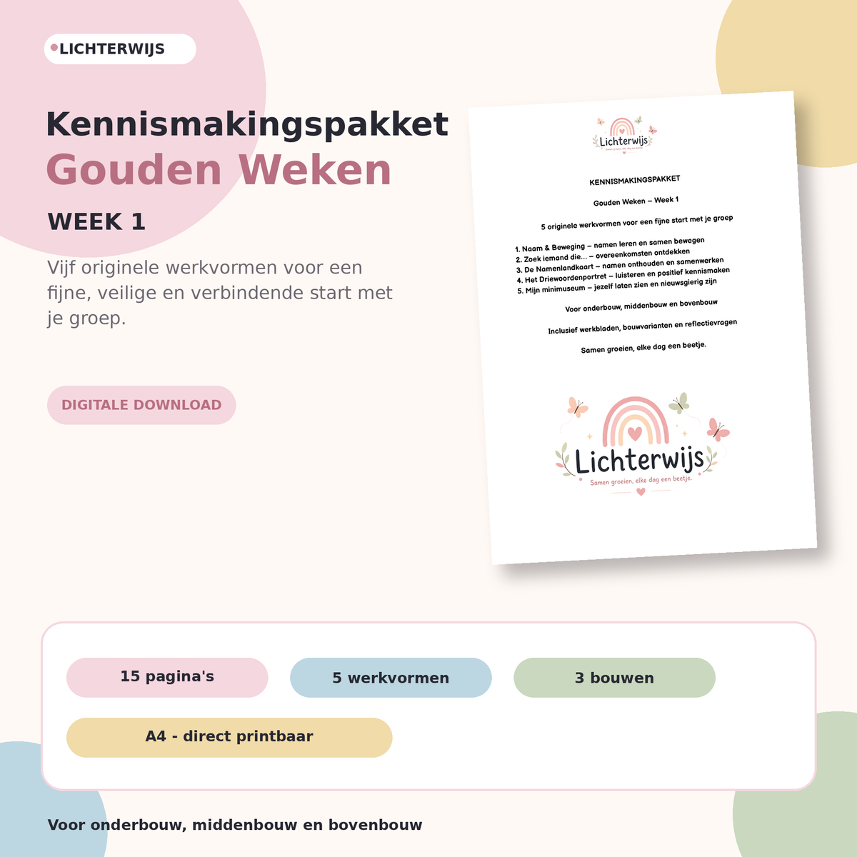 Kennismakingspakket Gouden Weken week 1 van Lichterwijs met 5 werkvormen voor het basisonderwijs