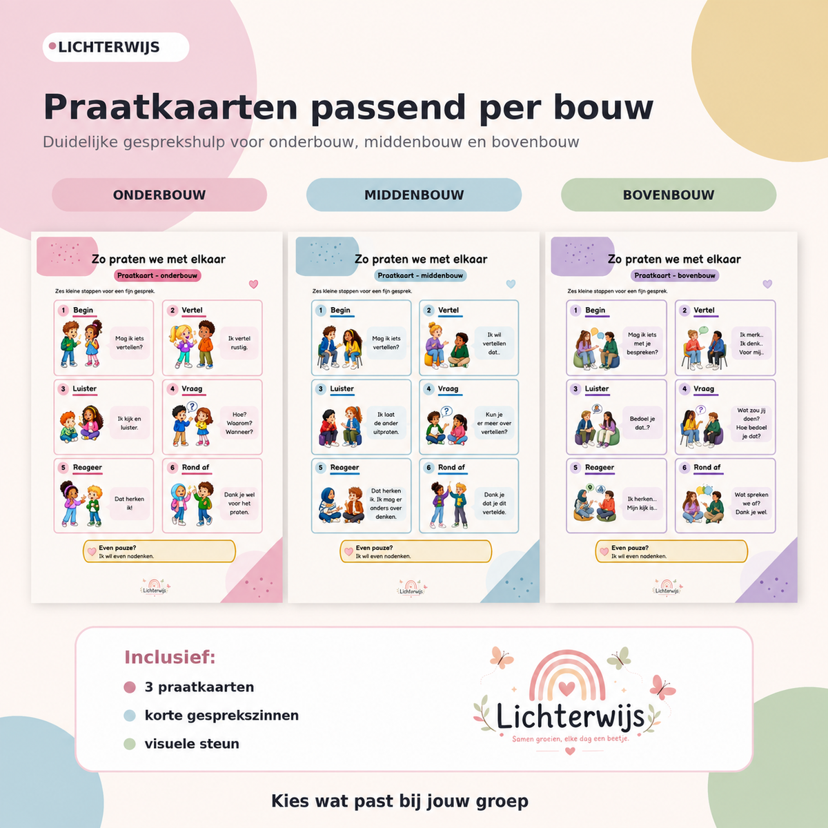 Drie praatkaarten voor onderbouw middenbouw en bovenbouw voor luisteren vertellen en klassengesprekken