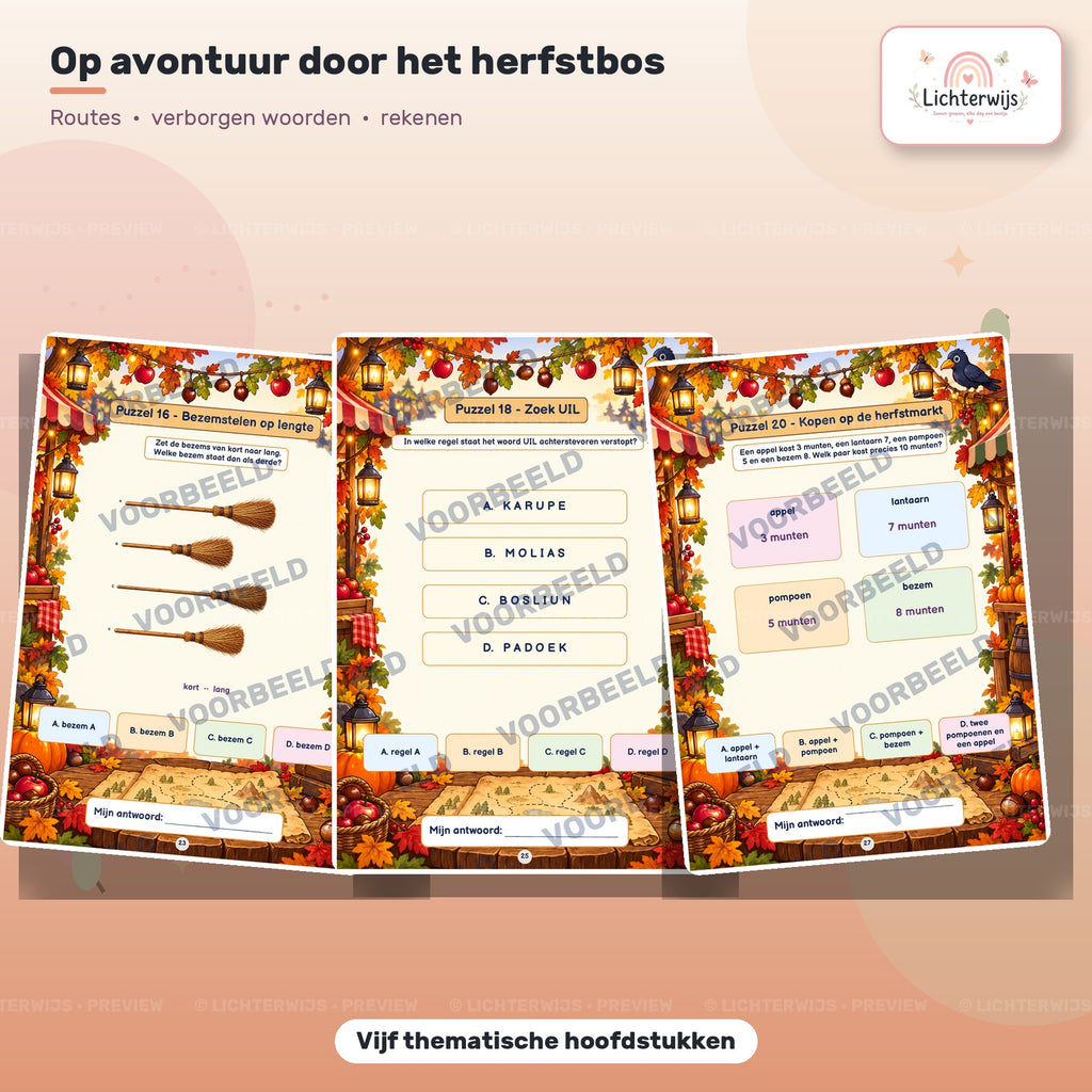 Herfstpuzzels met bezemstelen, verborgen woorden en rekenen op de herfstmarkt voor kinderen van 6-9 jaar