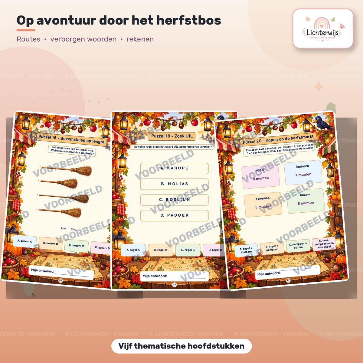 Herfstpuzzels met bezemstelen, verborgen woorden en rekenen op de herfstmarkt voor kinderen van 6-9 jaar