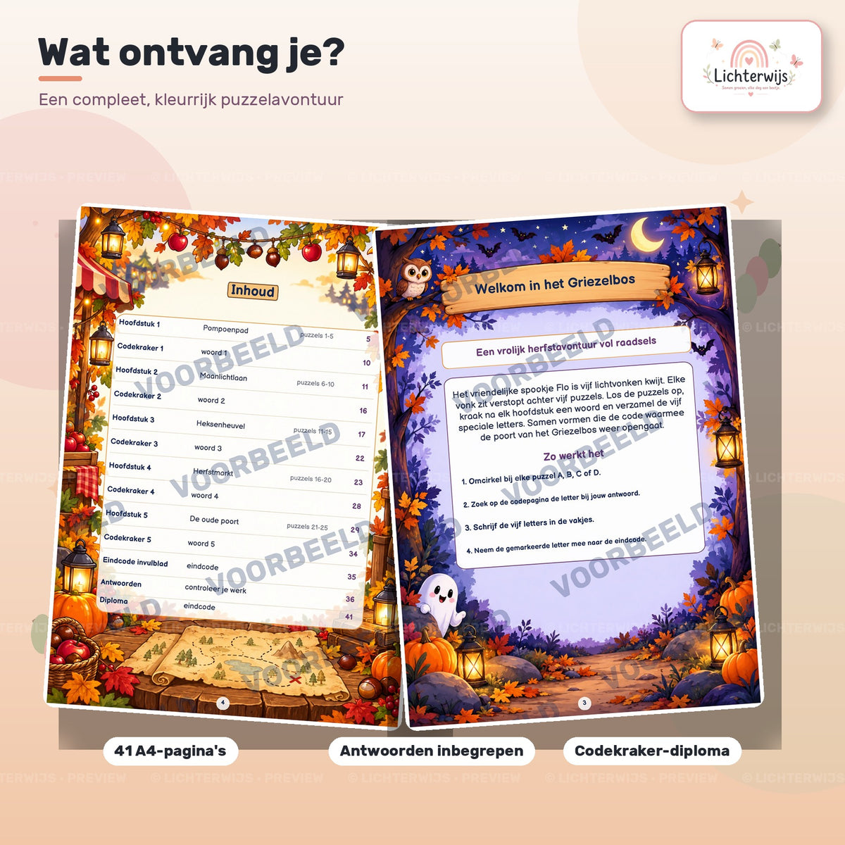 Inhoud en uitleg van Codekrakers in het Griezelbos, een printbaar Halloween puzzelboek met 41 A4-pagina’s