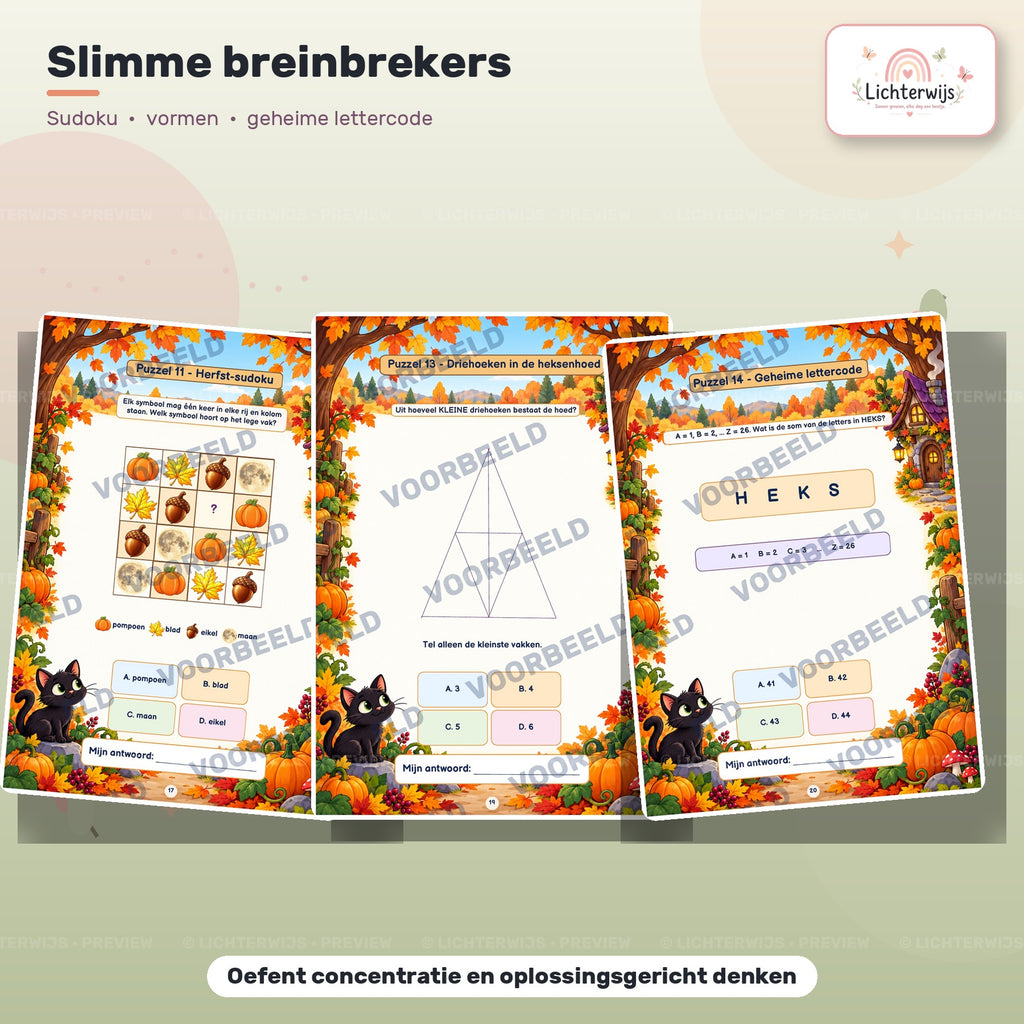 Educatieve breinbrekers met herfstsudoku, driehoeken tellen en een geheime lettercode voor kinderen