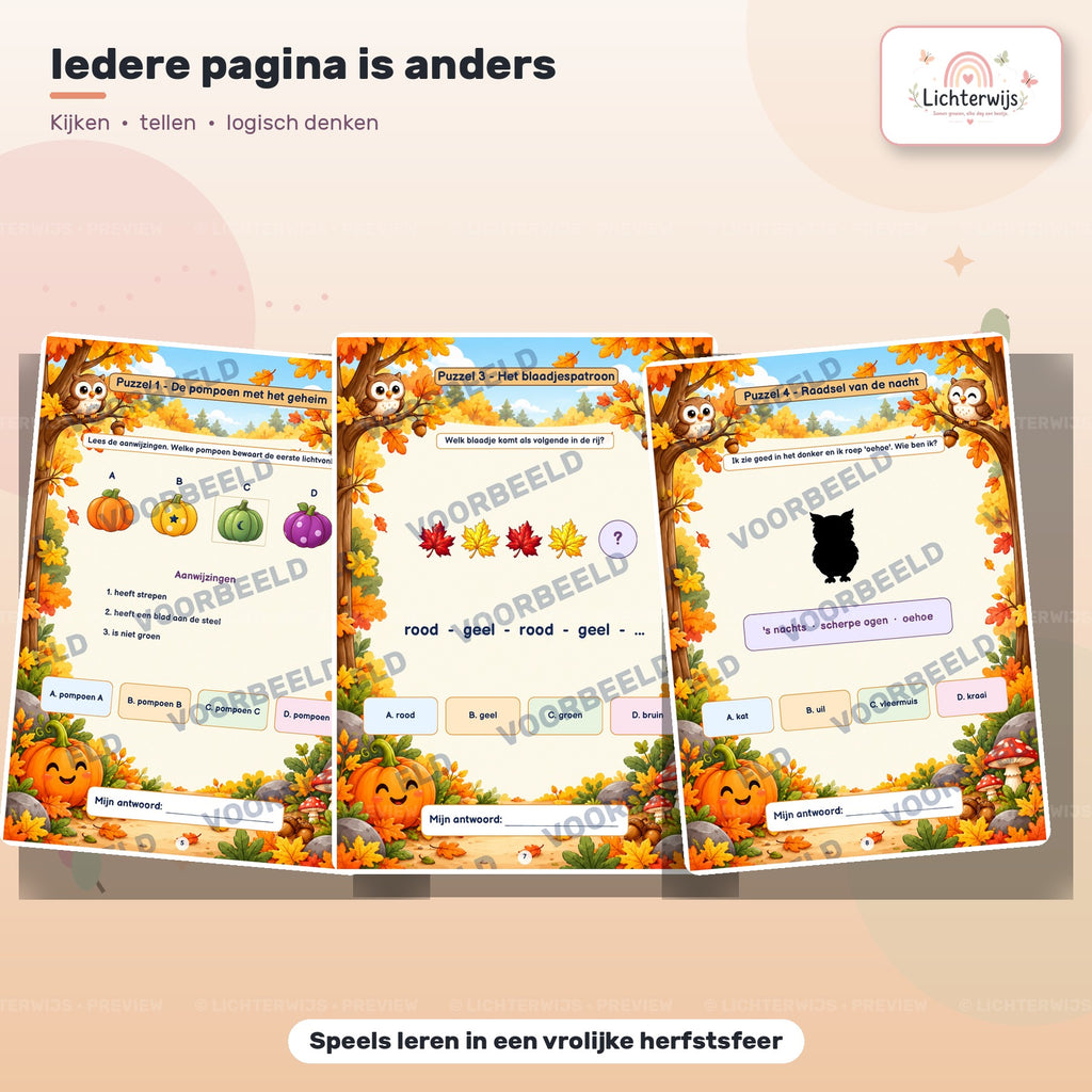 Voorbeelden van kleurrijke Halloween puzzels met pompoenen, herfstbladeren en een uil voor kinderen van 6-9 jaar