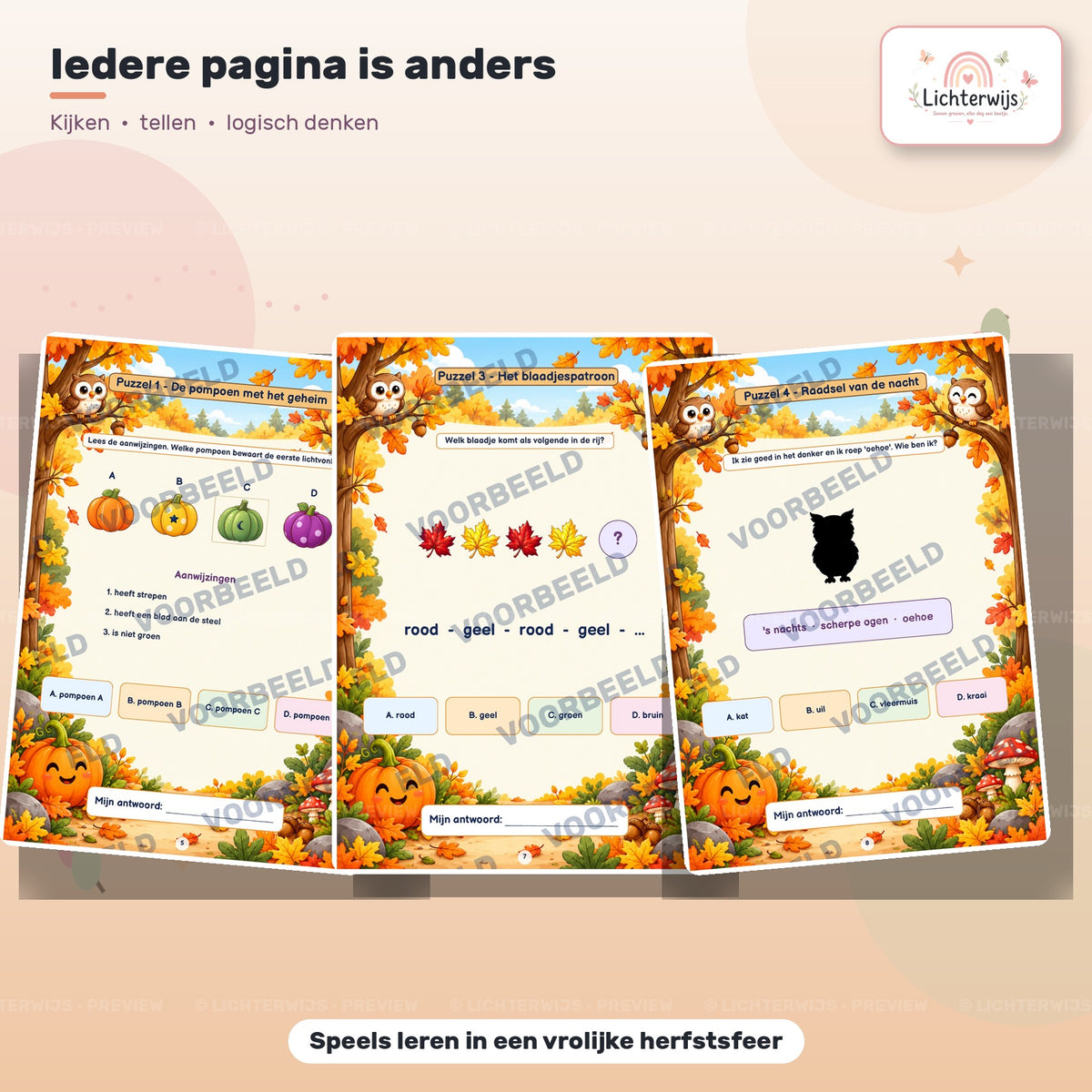 Voorbeelden van kleurrijke Halloween puzzels met pompoenen, herfstbladeren en een uil voor kinderen van 6-9 jaar