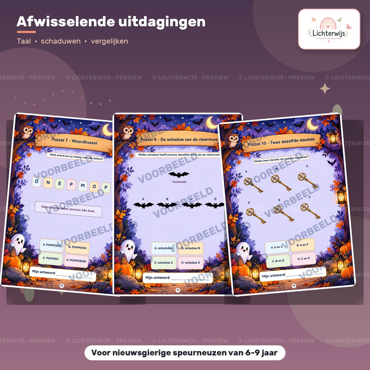 Afwisselende taal-, schaduw- en zoekpuzzels uit het Halloween puzzelboek Codekrakers in het Griezelbos