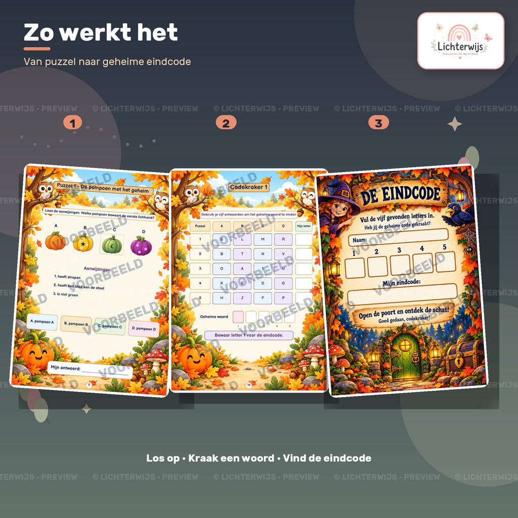 Drie stappen van het codekraker puzzelboek: puzzels oplossen, geheime woorden kraken en de eindcode vinden