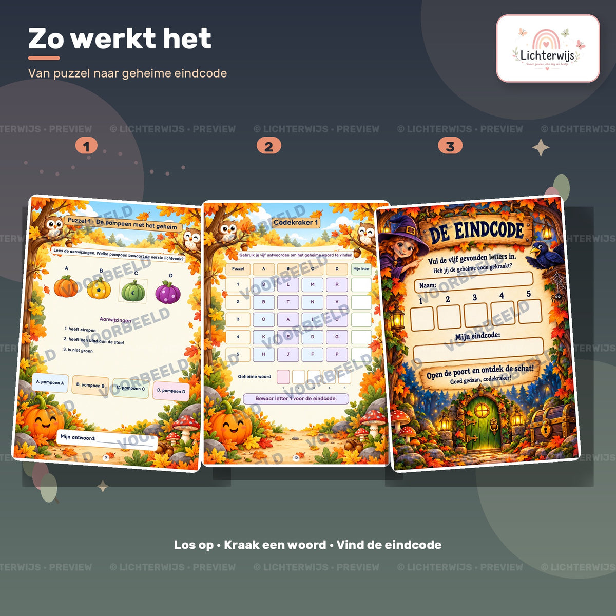 Drie stappen van het codekraker puzzelboek: puzzels oplossen, geheime woorden kraken en de eindcode vinden